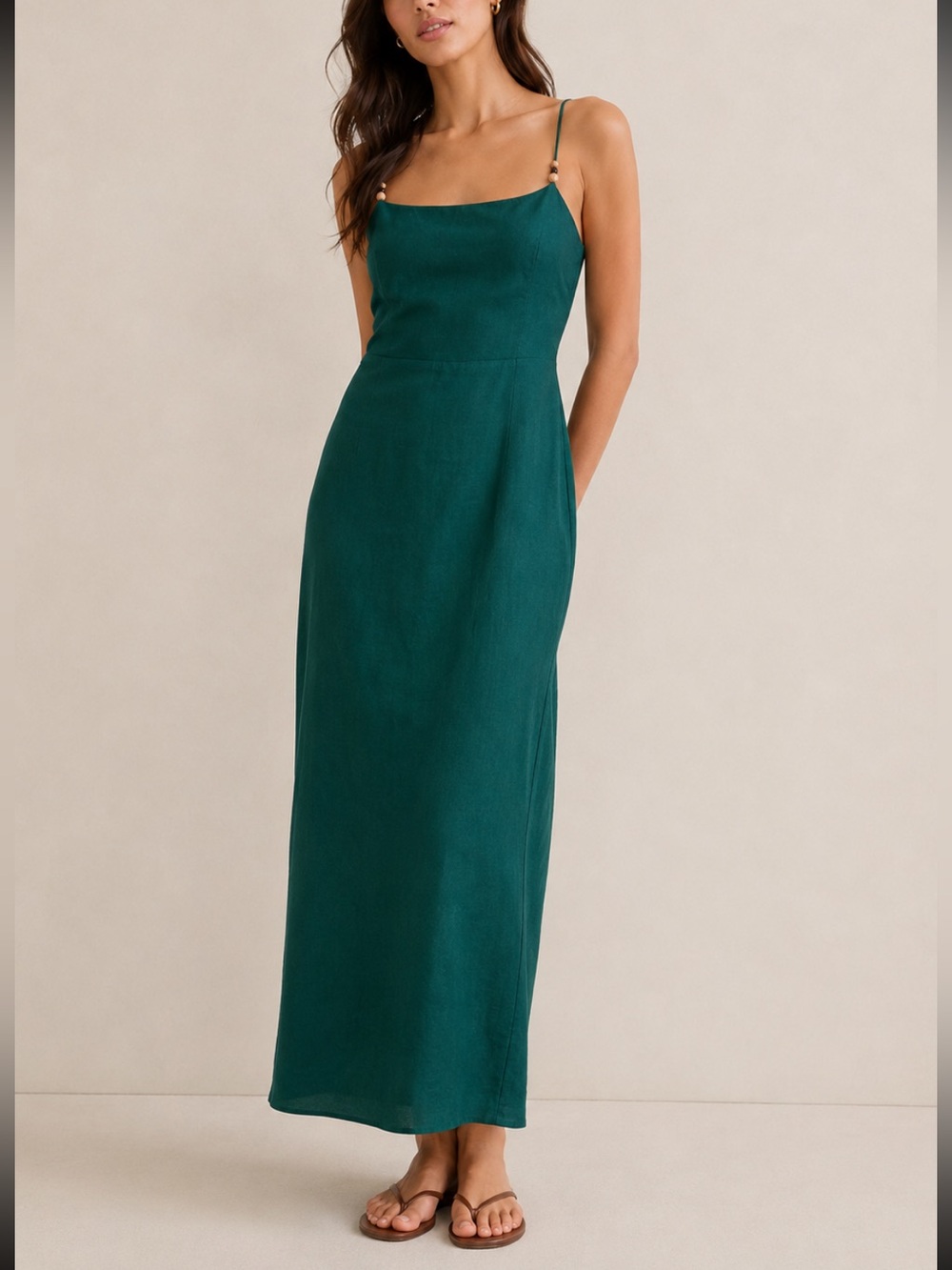 Rachel Zoe Linen Blend Midi Dress Coastal Minimalist Emerald Green Medium